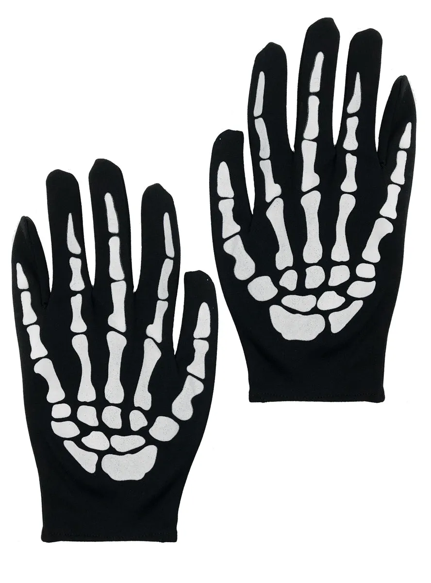 Skeleton Print Adults Short Black Costume Gloves