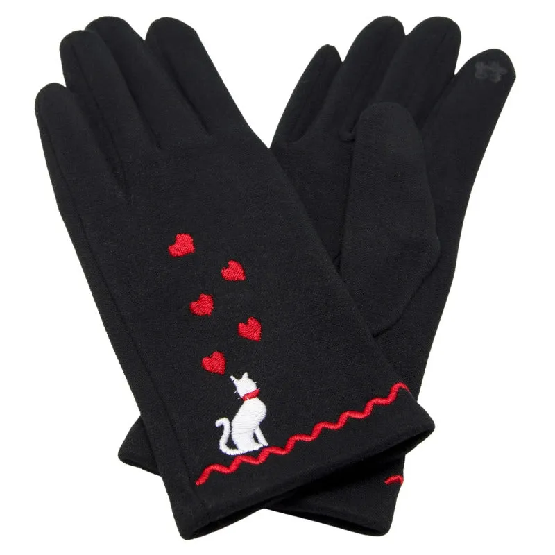 Soft Feel Cat Design Black Ladies Embroidered Gloves