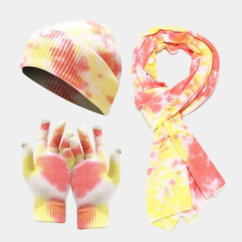 Tie-dye Knitted Hat Gloves Scarf Suit