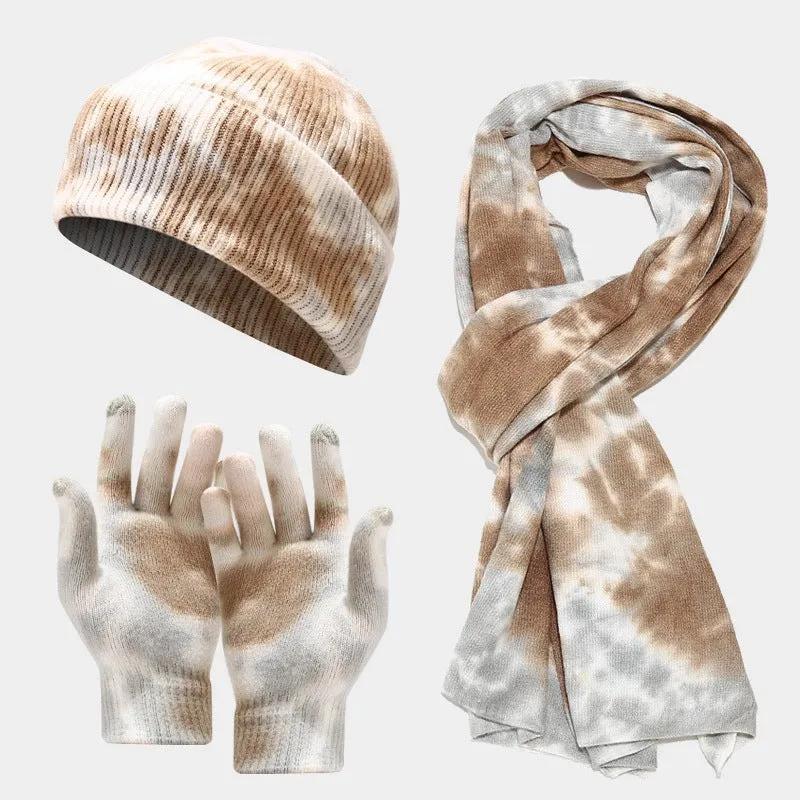 Tie-dye Knitted Hat Gloves Scarf Suit