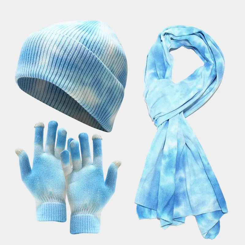 Tie-dye Knitted Hat Gloves Scarf Suit