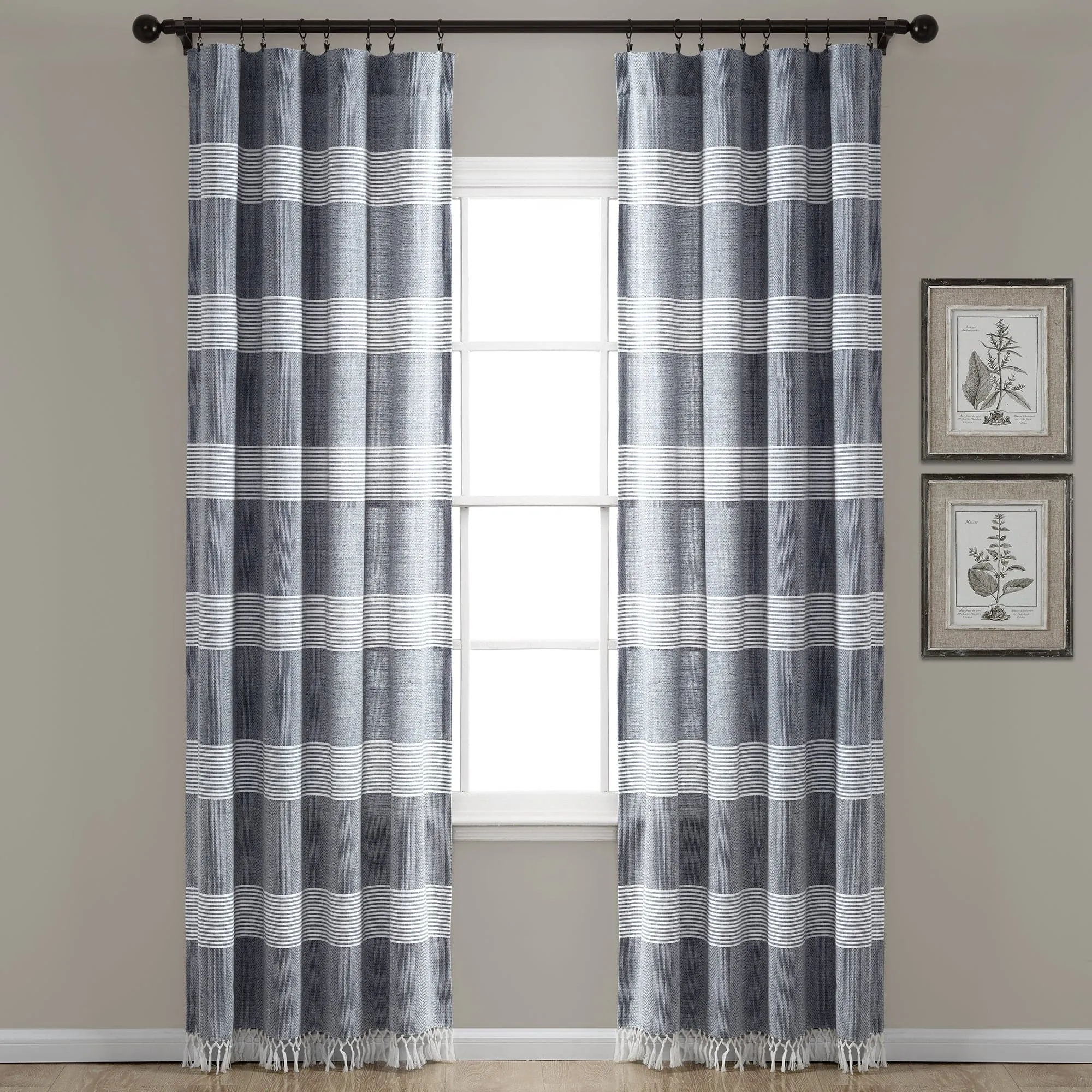 Tucker Stripe Yarn Dyed Knotted Tassel Window Curtain Panel Set