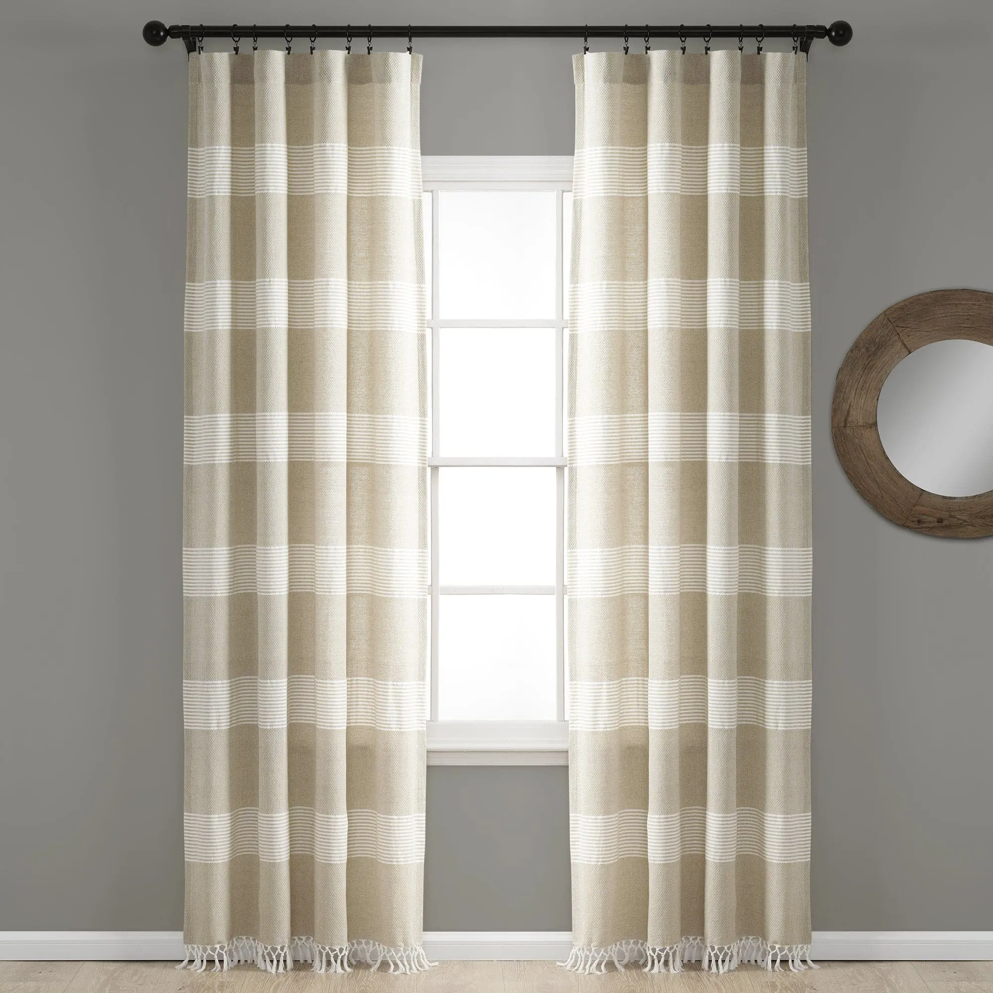 Tucker Stripe Yarn Dyed Knotted Tassel Window Curtain Panel Set