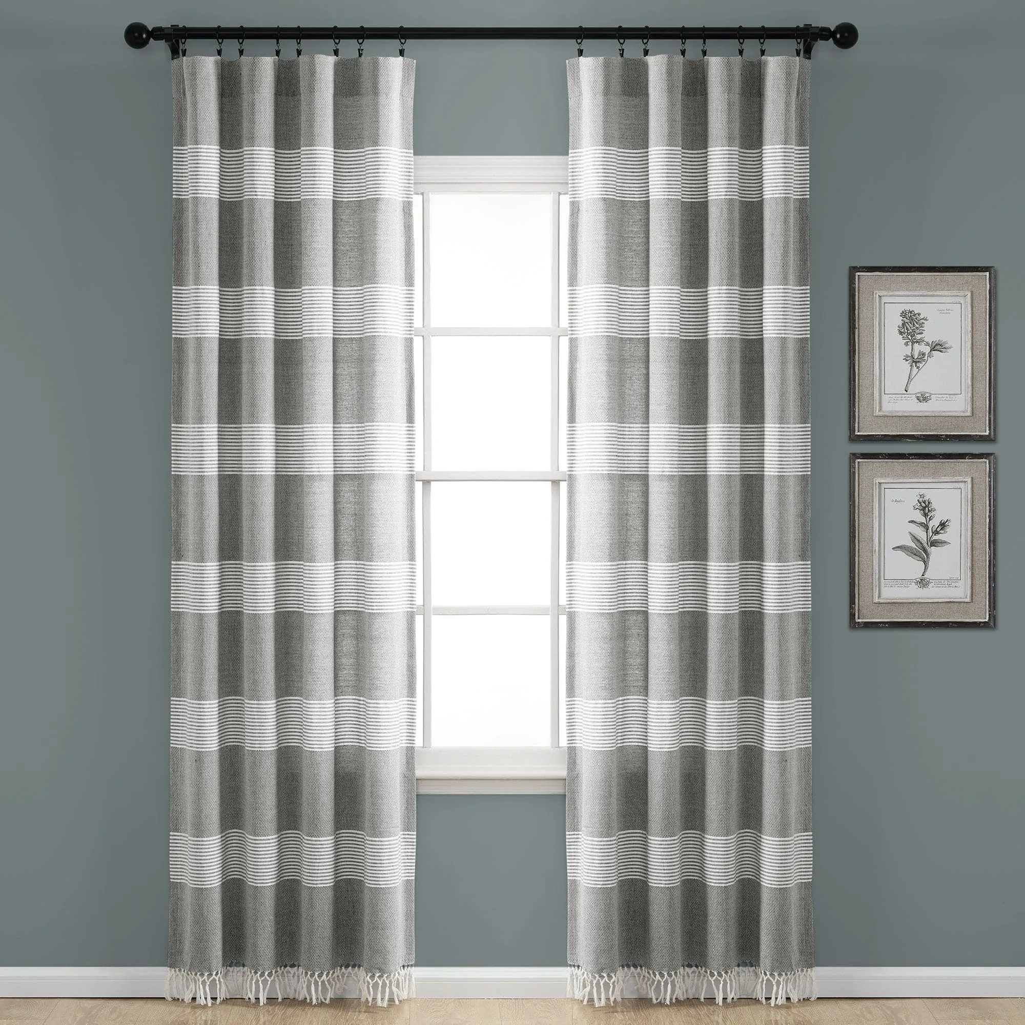 Tucker Stripe Yarn Dyed Knotted Tassel Window Curtain Panel Set