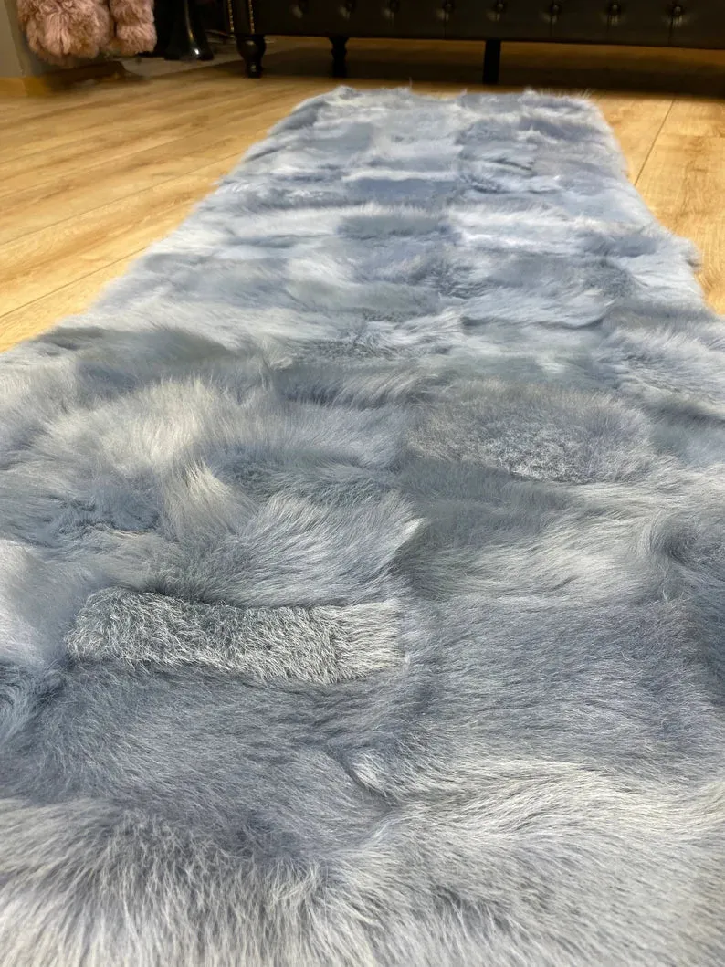 Unique Blue Ultra Soft Natural Sheepskin Runner Rug, Handmade Shaggy Rug