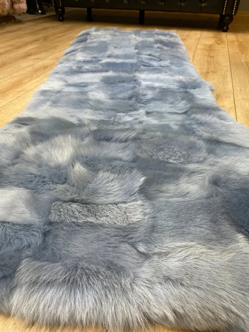 Unique Blue Ultra Soft Natural Sheepskin Runner Rug, Handmade Shaggy Rug