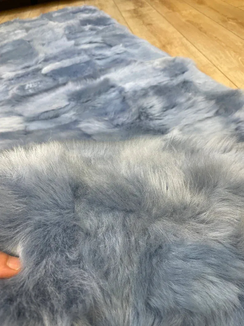 Unique Blue Ultra Soft Natural Sheepskin Runner Rug, Handmade Shaggy Rug