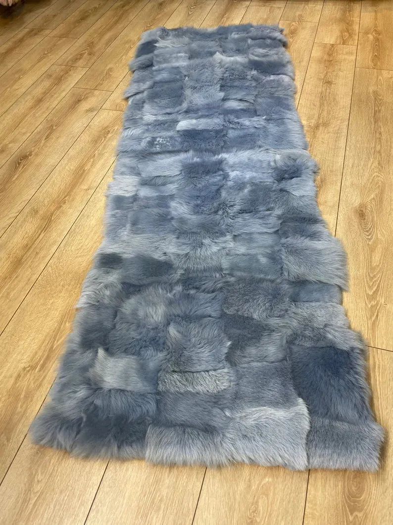 Unique Blue Ultra Soft Natural Sheepskin Runner Rug, Handmade Shaggy Rug