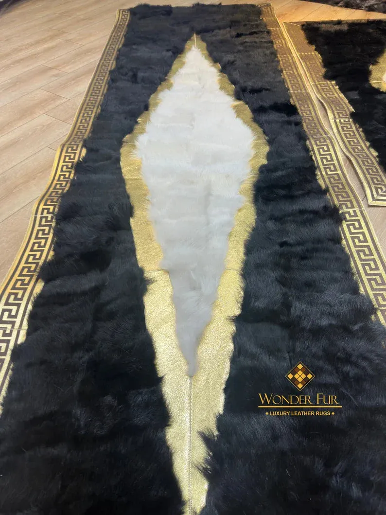 Unique Design Black White Natural Sheepskin Runner Rug, Handmade Hallway Rug