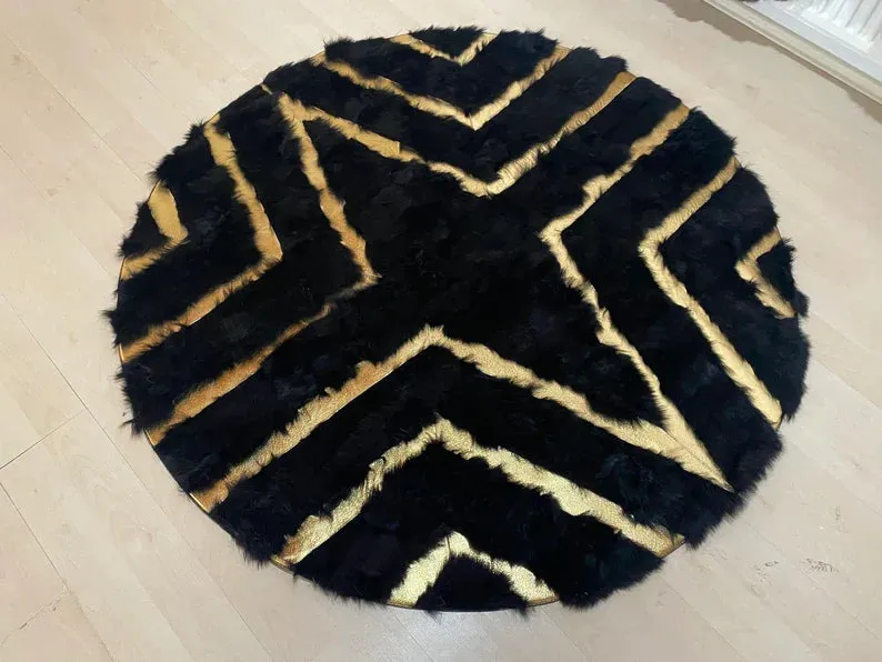 Unique Geometric Natural Sheepskin Round Rug, Handmade Fluffy Fur Carpet