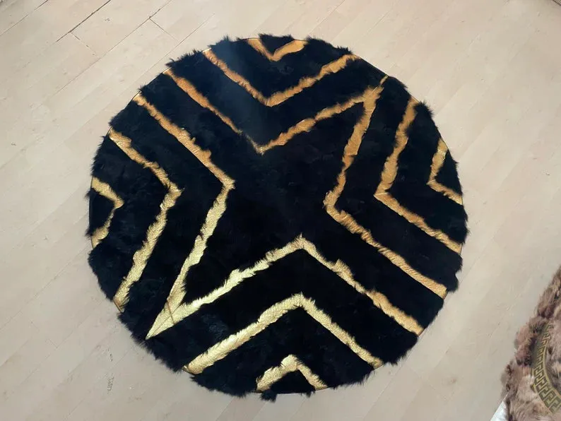 Unique Geometric Natural Sheepskin Round Rug, Handmade Fluffy Fur Carpet