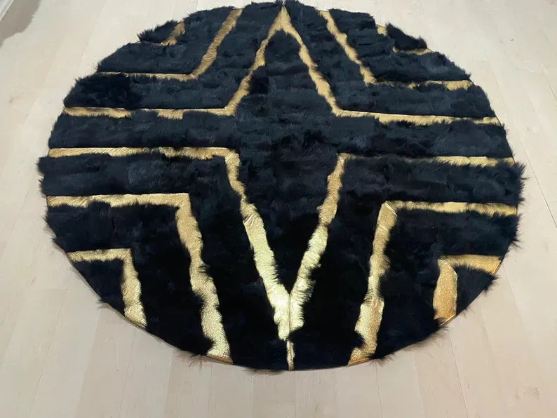 Unique Geometric Natural Sheepskin Round Rug, Handmade Fluffy Fur Carpet