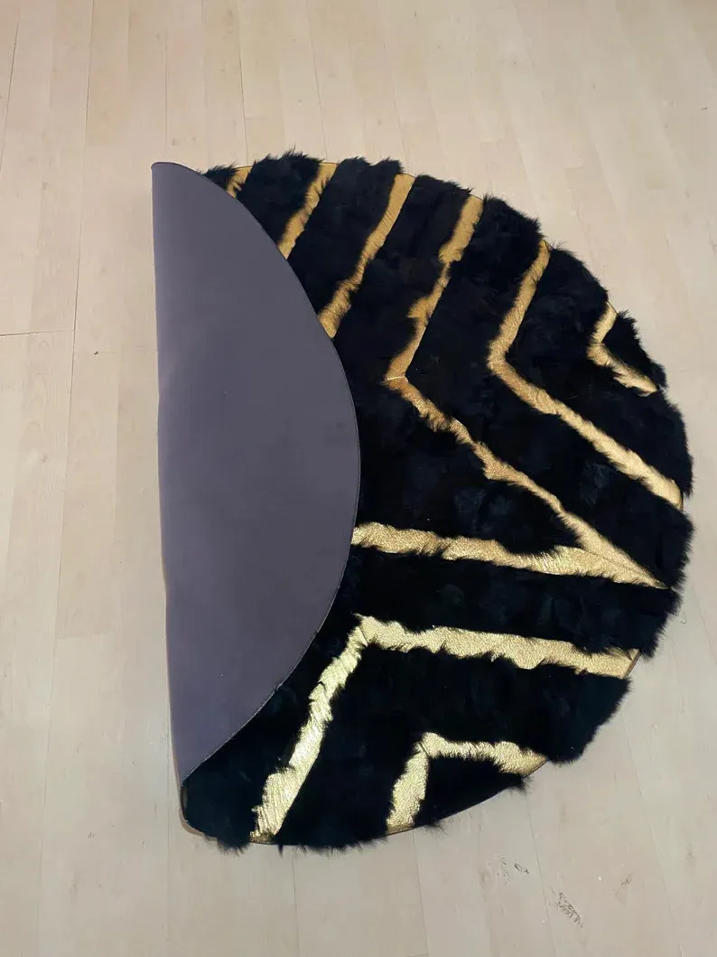 Unique Geometric Natural Sheepskin Round Rug, Handmade Fluffy Fur Carpet