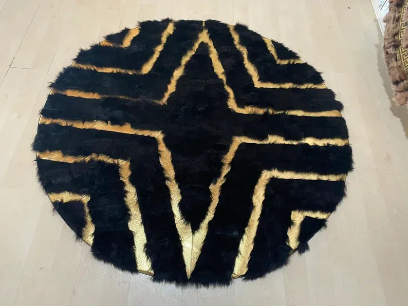 Unique Geometric Natural Sheepskin Round Rug, Handmade Fluffy Fur Carpet