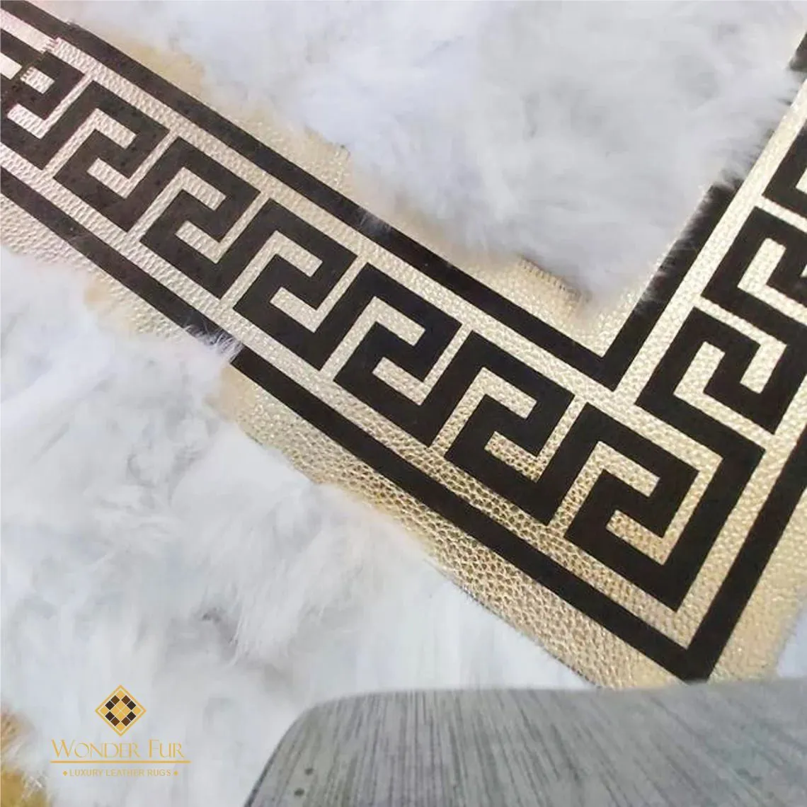 White Leather Sheepskin Carpet With Gold Pattern