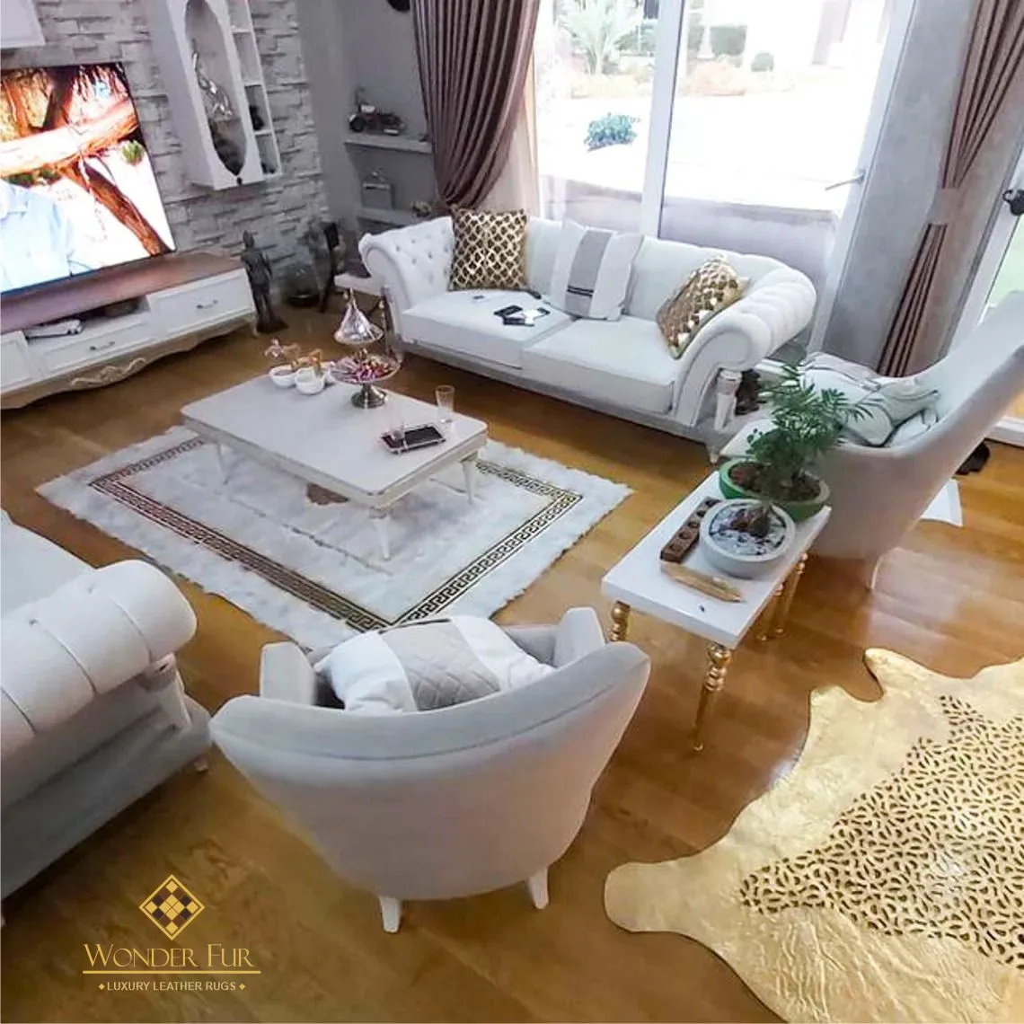 White Leather Sheepskin Carpet With Gold Pattern