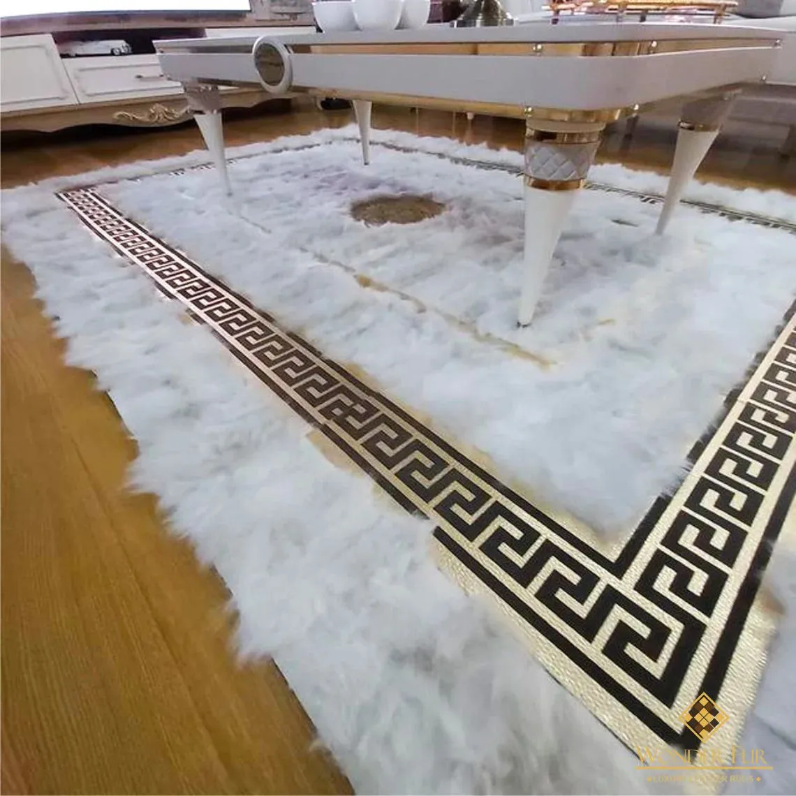 White Leather Sheepskin Carpet With Gold Pattern