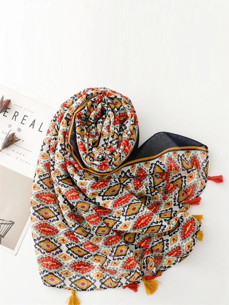 Women Ethnic Print Tassel Shawl Scarf