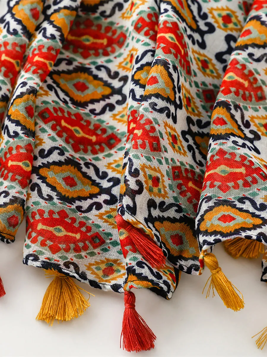 Women Ethnic Print Tassel Shawl Scarf