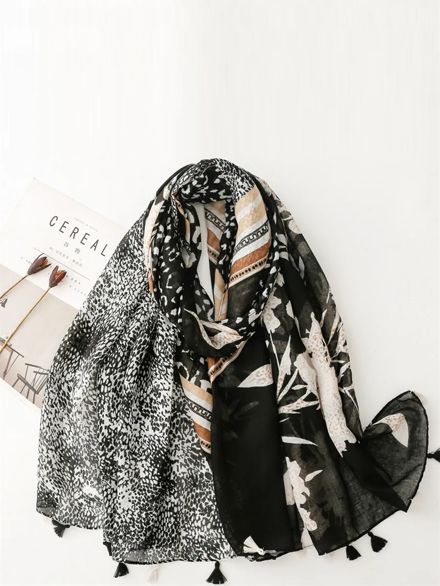 Women Flower Leopard Print Spliced Tassel Scarf