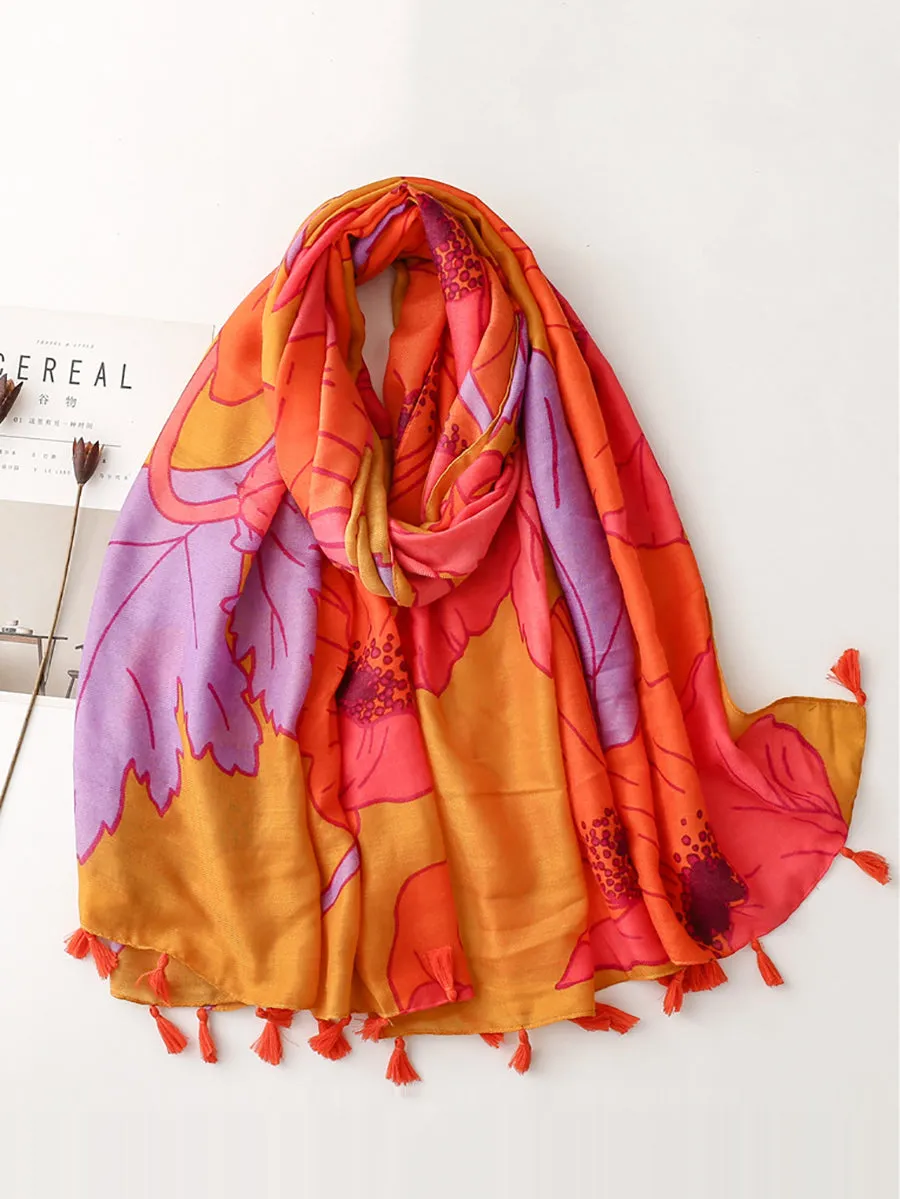 Women Vintage Flower Tassel Travel Shawl Scarf